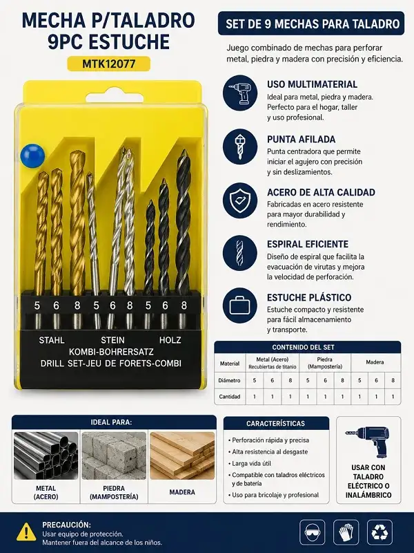 Mecha P/Taladro 9pz Estuche MTK12077