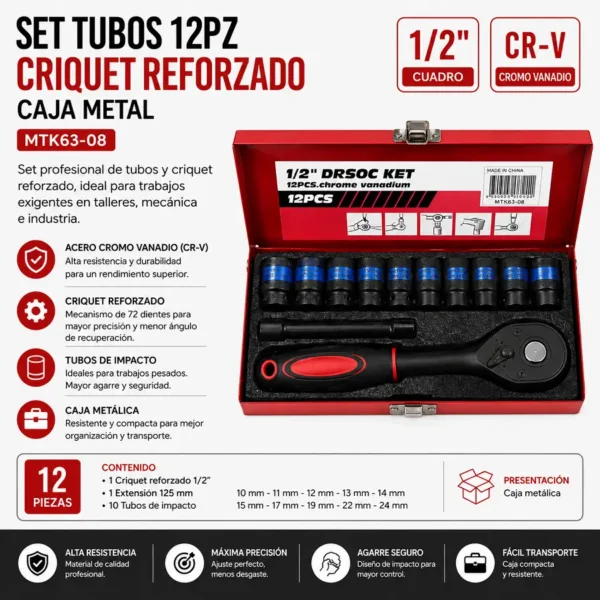 Set Tubos 12pz Criquet Reforzado Caja Metal MTK63-08